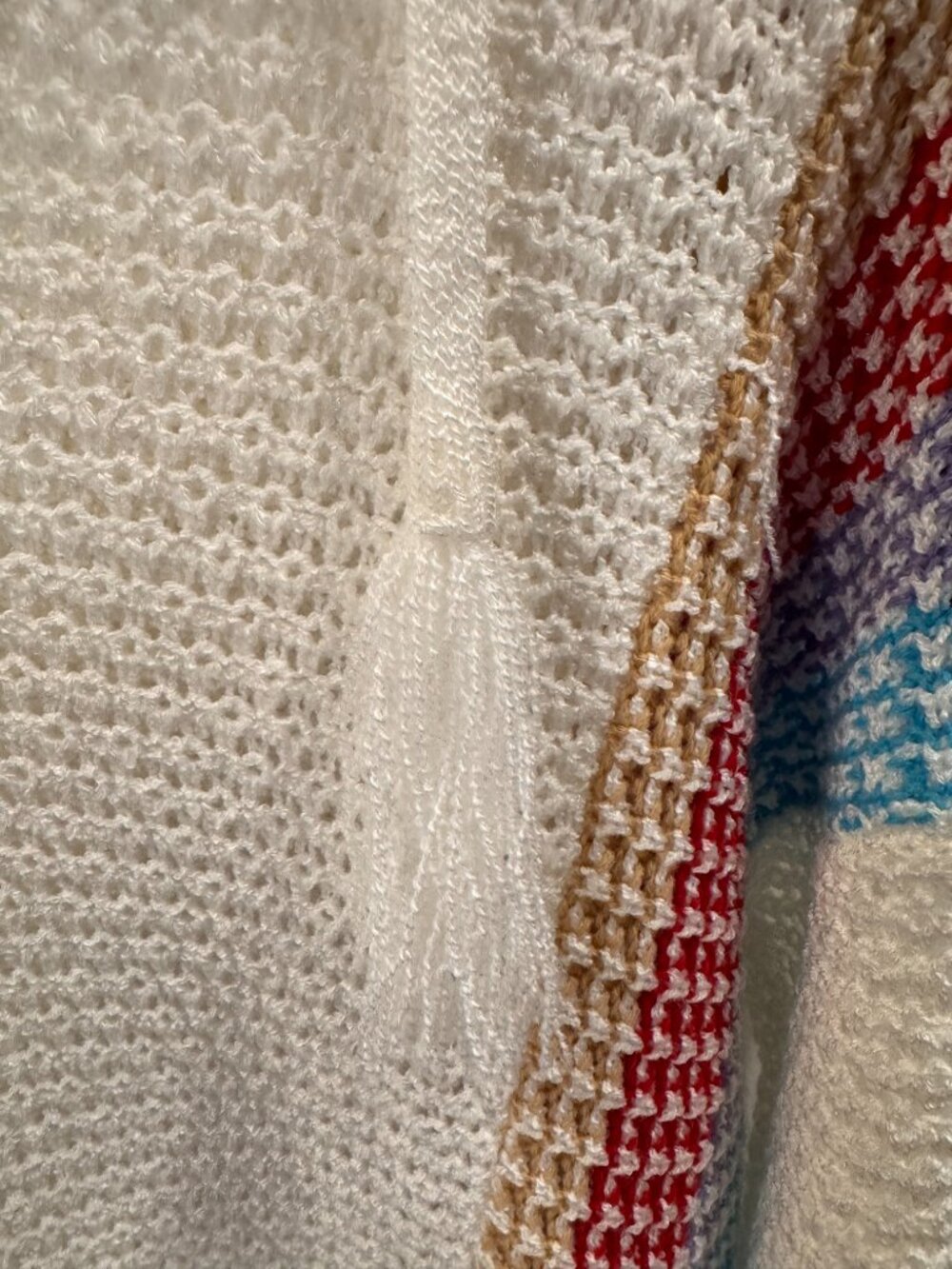 Open Knit Cream Boho Hooded Sweater Tassel Drawstring Multicolor Stripe Pocket